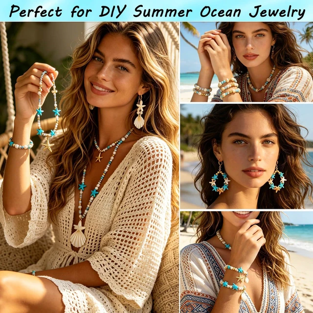 Alt view image 4 of 7 - 1770Pcs Ocean Theme Beads Kit for Jewelry Making, Blue White Summer Beach Seashell Charms Sea Turtle Starfish Shape Beads 4mm Sea Glass Chips for DIY Bracelets Necklace Anklet Earrings Keychain Crafts