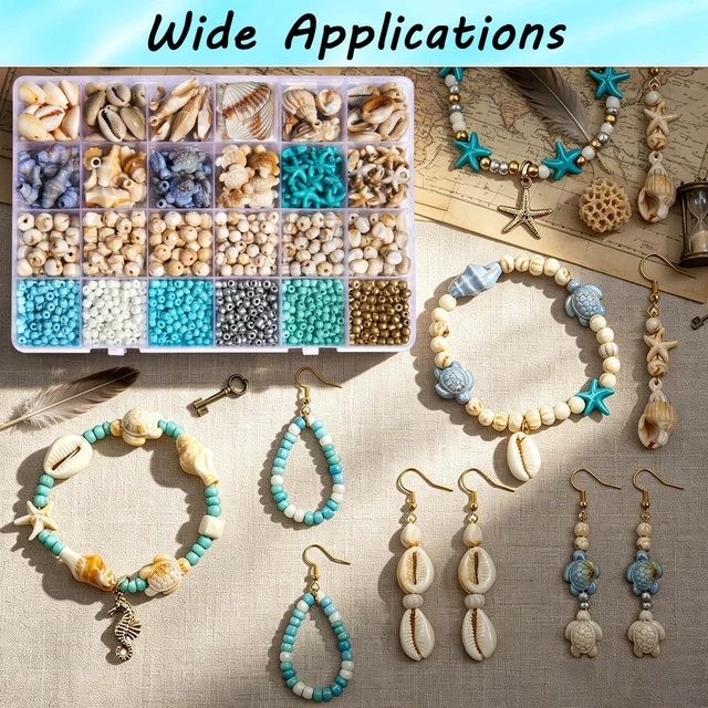 Alt view image 5 of 7 - 1770Pcs Ocean Theme Beads Kit for Jewelry Making, Blue White Summer Beach Seashell Charms Sea Turtle Starfish Shape Beads 4mm Sea Glass Chips for DIY Bracelets Necklace Anklet Earrings Keychain Crafts