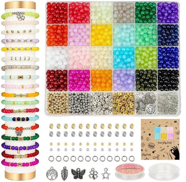 Main image of 6mm Glass Beads Bracelet Making Kit 1400pcs, 24 Colors Crystal Beads for Jewelry Making Round Beads DIY Crafts with Spacer Beads Charms Accessories