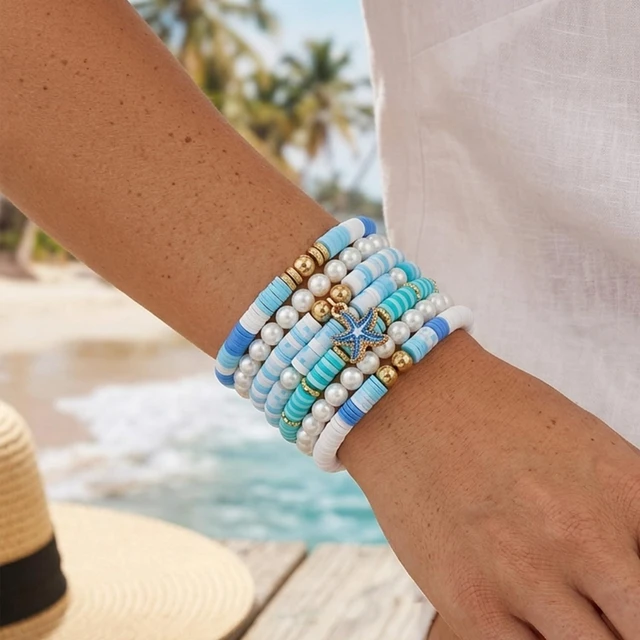 Alt view image 3 of 6 - Ocean Theme Clay Beads Kit for Bracelet Making, 3000Pcs Blue White Polymer Heishi Beads Set with Starfish Shell Charms Pearls, DIY Jewelry Making Kit for Summer Beach Crafts