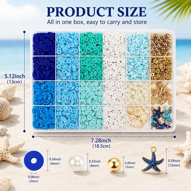 Alt view image 6 of 6 - Ocean Theme Clay Beads Kit for Bracelet Making, 3000Pcs Blue White Polymer Heishi Beads Set with Starfish Shell Charms Pearls, DIY Jewelry Making Kit for Summer Beach Crafts