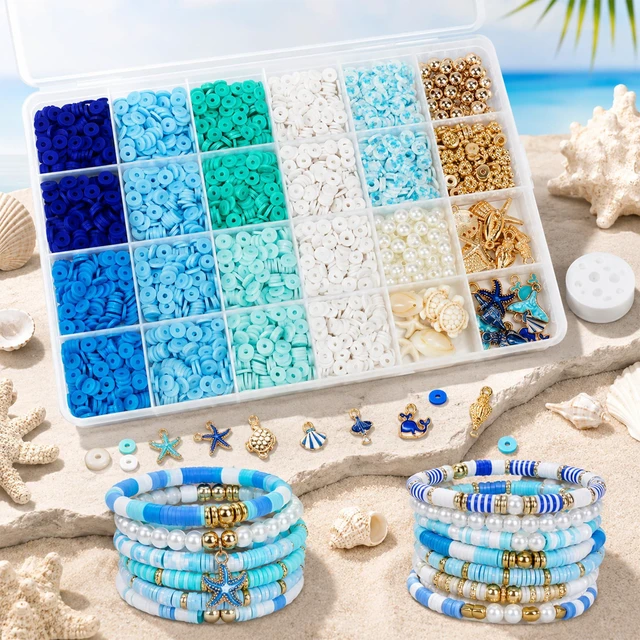 Alt view image 5 of 6 - Ocean Theme Clay Beads Kit for Bracelet Making, 3000Pcs Blue White Polymer Heishi Beads Set with Starfish Shell Charms Pearls, DIY Jewelry Making Kit for Summer Beach Crafts
