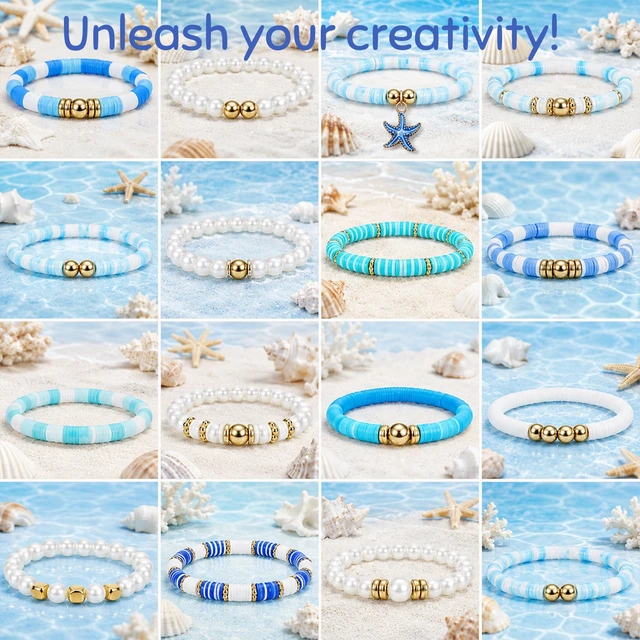 Alt view image 4 of 6 - Ocean Theme Clay Beads Kit for Bracelet Making, 3000Pcs Blue White Polymer Heishi Beads Set with Starfish Shell Charms Pearls, DIY Jewelry Making Kit for Summer Beach Crafts