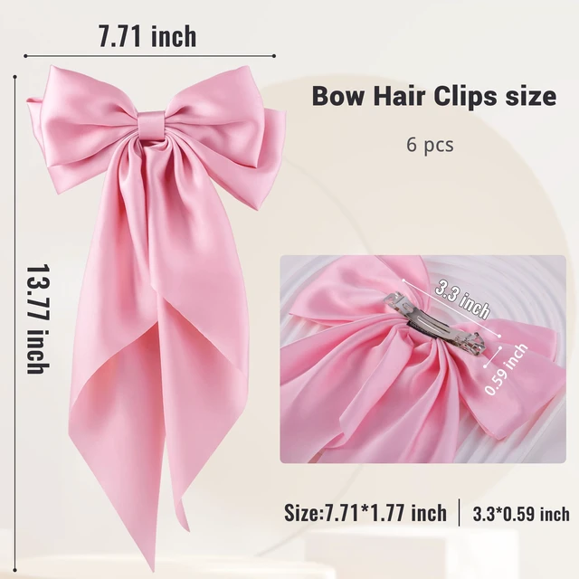 Alt view image 2 of 7 - 6Pcs Large Bows Hair Clips for Women Girls Long Tail Hair Ribbon Silky Satin Barrettes Coquette Bows Accessories (Pink)