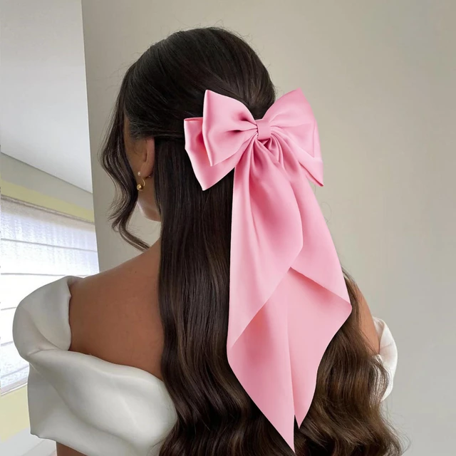 Alt view image 3 of 7 - 6Pcs Large Bows Hair Clips for Women Girls Long Tail Hair Ribbon Silky Satin Barrettes Coquette Bows Accessories (Pink)