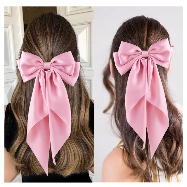 Alt view image 4 of 7 - 6Pcs Large Bows Hair Clips for Women Girls Long Tail Hair Ribbon Silky Satin Barrettes Coquette Bows Accessories (Pink)
