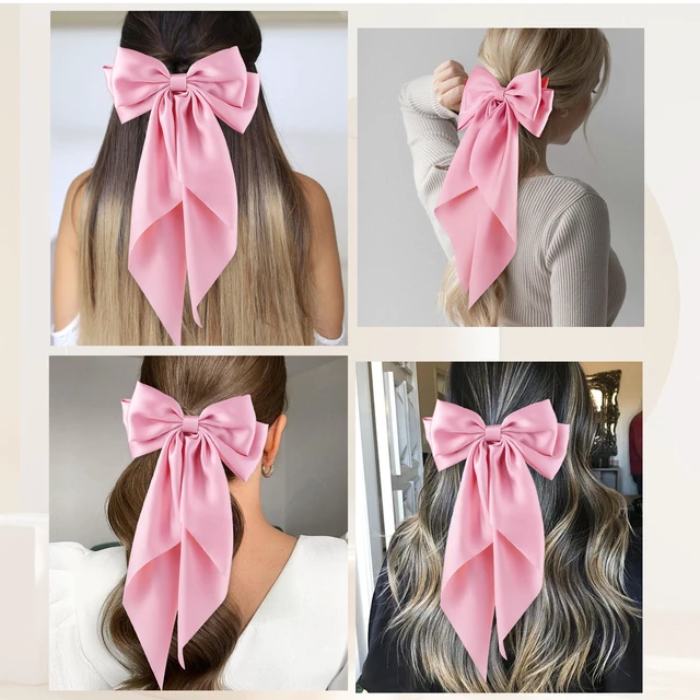 Alt view image 6 of 7 - 6Pcs Large Bows Hair Clips for Women Girls Long Tail Hair Ribbon Silky Satin Barrettes Coquette Bows Accessories (Pink)