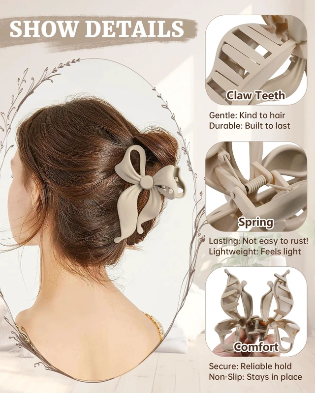 Alt view image 3 of 7 - 4 pack Cute Bow Claw Clip for Women, Nonslip Matte Strong Hold | Bows Hair Clips for Thin and Thick Hair, Chic Hair Styling Accessories