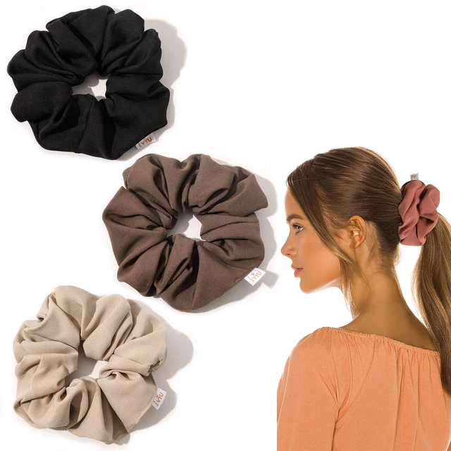 Alt view image 3 of 7 - Scrunchies Hair Ties, Big Large Scrunchie for Girls Women, Cute Hairties Jumbo Scrunchy For Thick Curl Hair No Crease Hair Accessories Soft Ropes Ponytail Holder, 4 Count, Black, Brown, Beige