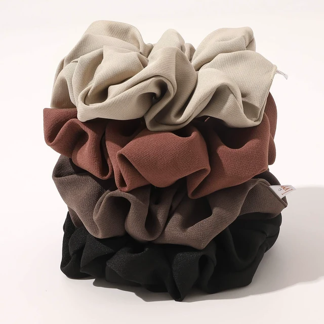 Alt view image 6 of 7 - Scrunchies Hair Ties, Big Large Scrunchie for Girls Women, Cute Hairties Jumbo Scrunchy For Thick Curl Hair No Crease Hair Accessories Soft Ropes Ponytail Holder, 4 Count, Black, Brown, Beige