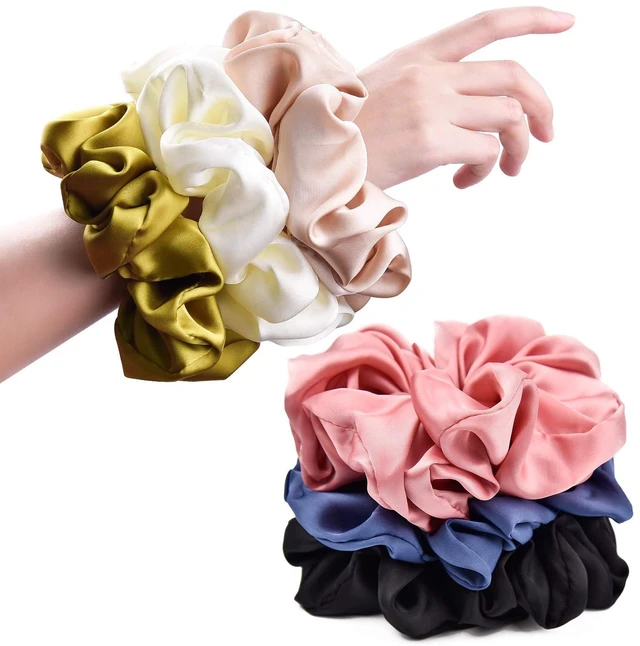 Main image of Big Real Silk Scrunchies for Women 6.3Inches Large Scrunchie Satin Oversized Silk Thick Elastic Hair Ties Jumbo Hair Scrunchies 6 Pack (Black,White,Pink, Champagne,Navy,Yellow)