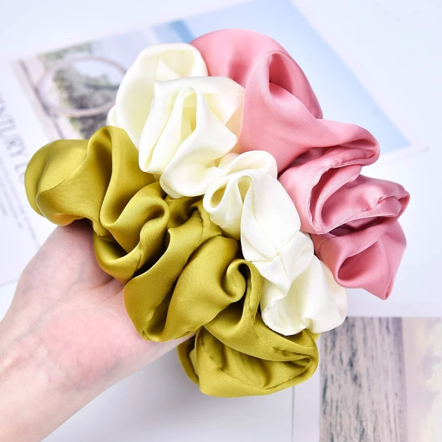 Alt view image 5 of 6 - Big Real Silk Scrunchies for Women 6.3Inches Large Scrunchie Satin Oversized Silk Thick Elastic Hair Ties Jumbo Hair Scrunchies 6 Pack (Black,White,Pink, Champagne,Navy,Yellow)