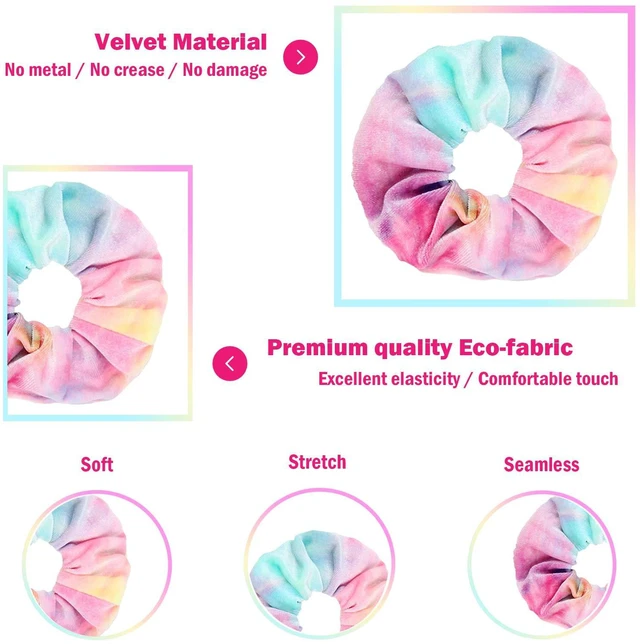 Alt view image 2 of 7 - Scrunchies for Girls, 12 Pcs Tie Dye Velvet Scrunchies for Hair, Soft Rainbow Ponytail Holder, Cute Candy Colors Elastic Hair Bands for Teens and Women