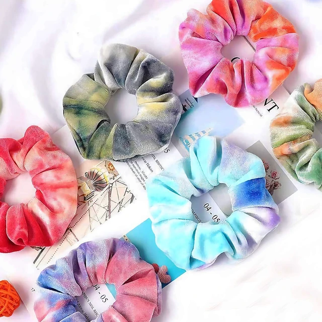 Alt view image 4 of 7 - Scrunchies for Girls, 12 Pcs Tie Dye Velvet Scrunchies for Hair, Soft Rainbow Ponytail Holder, Cute Candy Colors Elastic Hair Bands for Teens and Women
