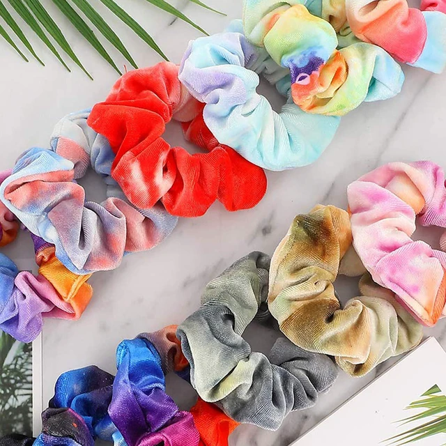 Alt view image 5 of 7 - Scrunchies for Girls, 12 Pcs Tie Dye Velvet Scrunchies for Hair, Soft Rainbow Ponytail Holder, Cute Candy Colors Elastic Hair Bands for Teens and Women