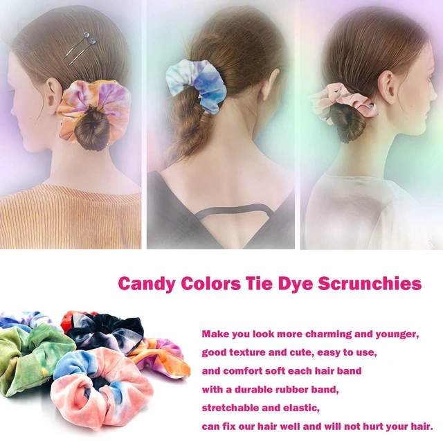 Alt view image 6 of 7 - Scrunchies for Girls, 12 Pcs Tie Dye Velvet Scrunchies for Hair, Soft Rainbow Ponytail Holder, Cute Candy Colors Elastic Hair Bands for Teens and Women