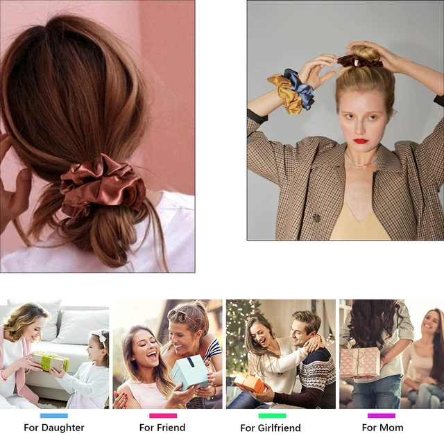 Alt view image 7 of 7 - Scrunchies Hair Ties Silk Satin Scrunchy - Hair Elastics Bands Ponytail Holder Pack of Neutral Scrubchy Hair Accessories Women Girls