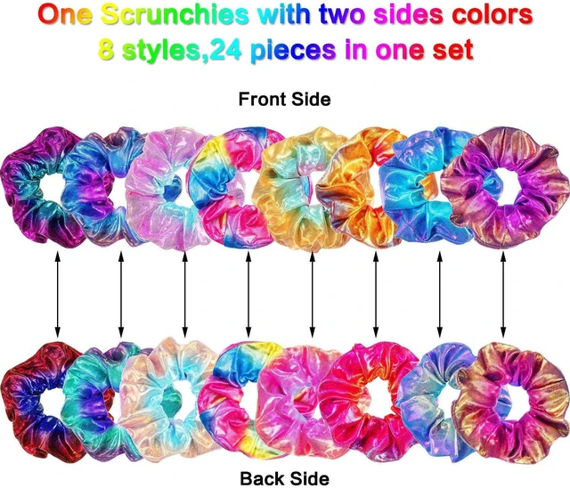Alt view image 2 of 6 - 24 Pieces Hair Scrunchies for Girls,Rainbow Colors,Satin | Large Soft Elastic Scrunchies for Kids Women, Bulk for Christmas Party Favors Gymnastics Dance, Ponytail Ties Gentle Hold