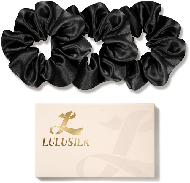 Main image of Silk Scrunchies for Hair Sleep, 100% Real Mulberry Silk, No Damage Hair Ties for Women and Girls, Classic Black, Pack of 3