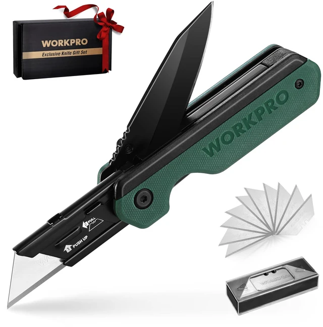 Main image of 2-in-1 Folding Knife/Utility Knife, Quick-Change Box Cutter with Belt Clip, Liner Lock, and G10 Handle, Extra 10 SK5 Blades Included, Green