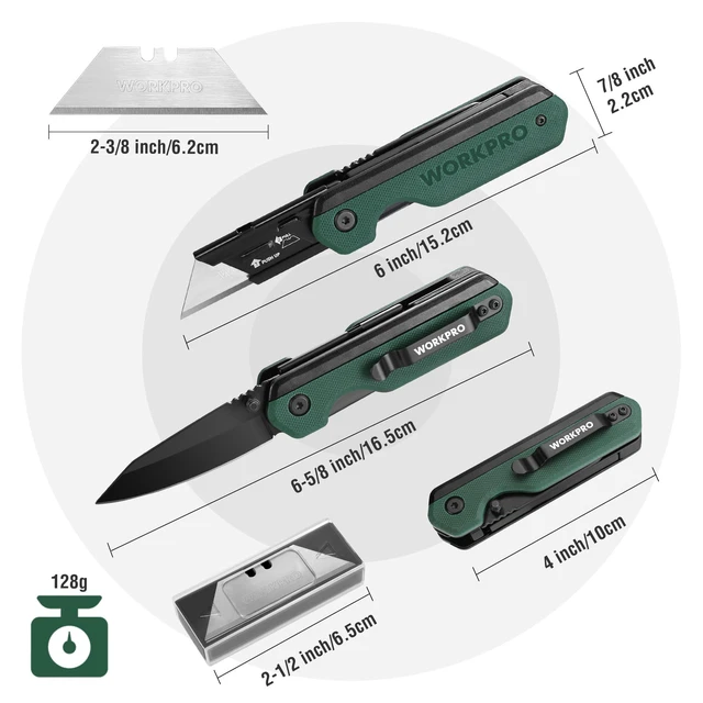 Alt view image 2 of 7 - 2-in-1 Folding Knife/Utility Knife, Quick-Change Box Cutter with Belt Clip, Liner Lock, and G10 Handle, Extra 10 SK5 Blades Included, Green