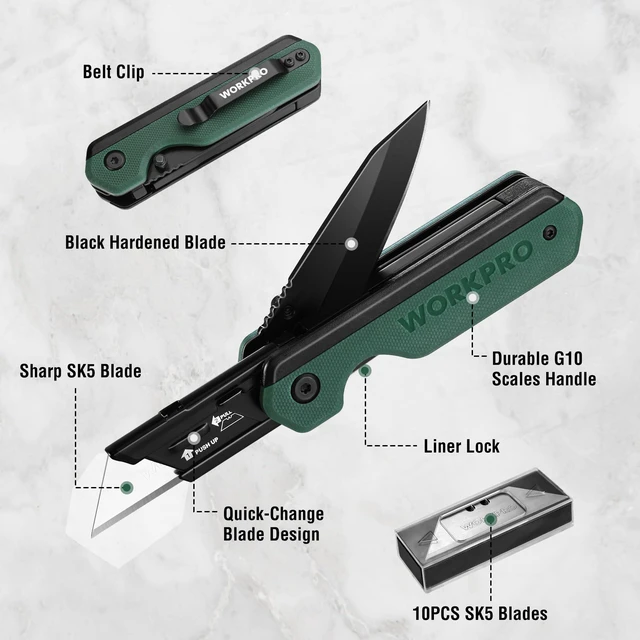Alt view image 3 of 7 - 2-in-1 Folding Knife/Utility Knife, Quick-Change Box Cutter with Belt Clip, Liner Lock, and G10 Handle, Extra 10 SK5 Blades Included, Green