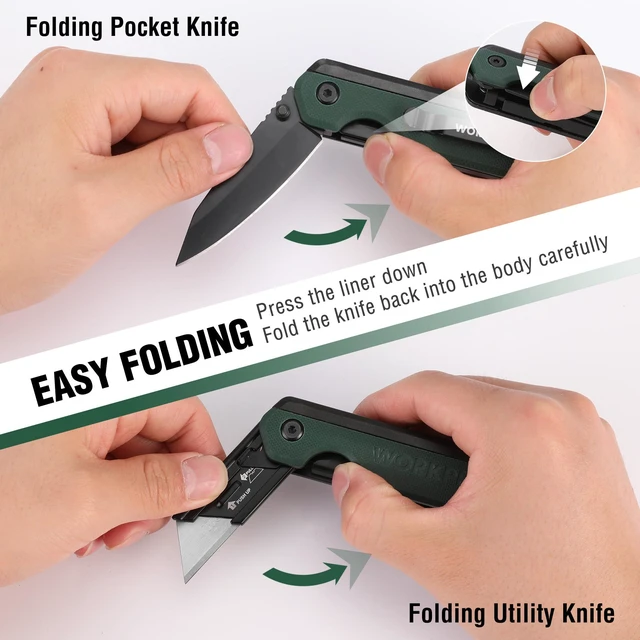 Alt view image 4 of 7 - 2-in-1 Folding Knife/Utility Knife, Quick-Change Box Cutter with Belt Clip, Liner Lock, and G10 Handle, Extra 10 SK5 Blades Included, Green