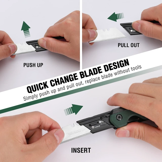 Alt view image 5 of 7 - 2-in-1 Folding Knife/Utility Knife, Quick-Change Box Cutter with Belt Clip, Liner Lock, and G10 Handle, Extra 10 SK5 Blades Included, Green