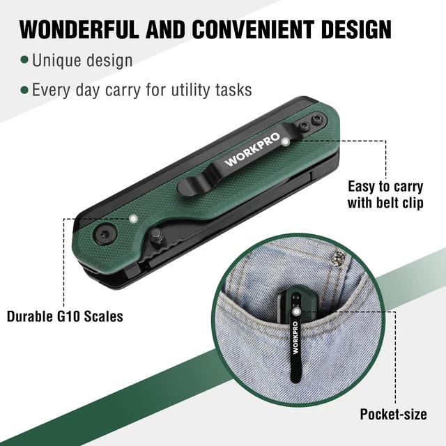 Alt view image 7 of 7 - 2-in-1 Folding Knife/Utility Knife, Quick-Change Box Cutter with Belt Clip, Liner Lock, and G10 Handle, Extra 10 SK5 Blades Included, Green