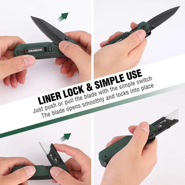 Alt view image 6 of 7 - 2-in-1 Folding Knife/Utility Knife, Quick-Change Box Cutter with Belt Clip, Liner Lock, and G10 Handle, Extra 10 SK5 Blades Included, Green