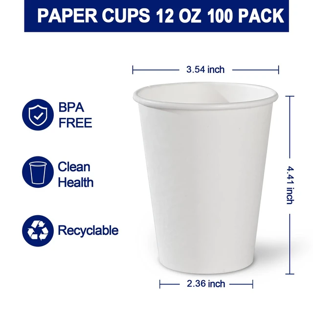 Alt view image 2 of 6 - 12 oz 100 Count Paper Cups Disposable Hot/Cold White Coffee Cups | Thickened White Paper Drinking Cups, Hot or Cold Beverage, Leak Proof, BPA Free, for Party, Wedding, Picnic, Events