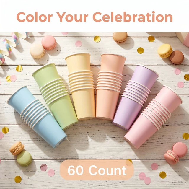 Alt view image 3 of 7 - 9 oz Paper Disposable Cups Rainbow Color Assortment Bulk for Party Birthday Wedding Picnic BBQ Crafts (60, Pastel Rainbow)