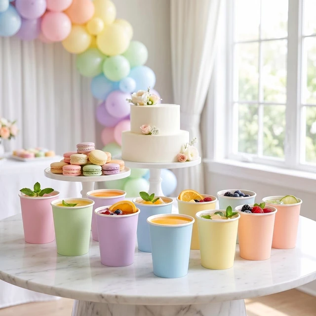 Alt view image 6 of 7 - 9 oz Paper Disposable Cups Rainbow Color Assortment Bulk for Party Birthday Wedding Picnic BBQ Crafts (60, Pastel Rainbow)