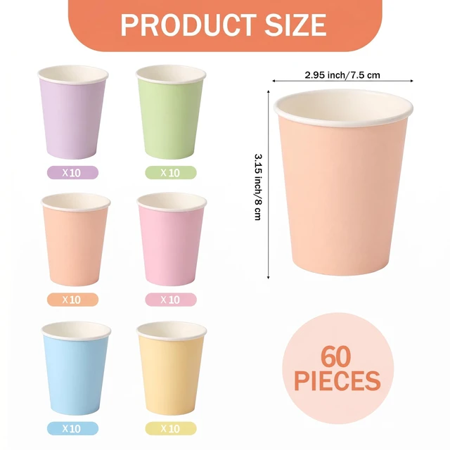 Alt view image 7 of 7 - 9 oz Paper Disposable Cups Rainbow Color Assortment Bulk for Party Birthday Wedding Picnic BBQ Crafts (60, Pastel Rainbow)