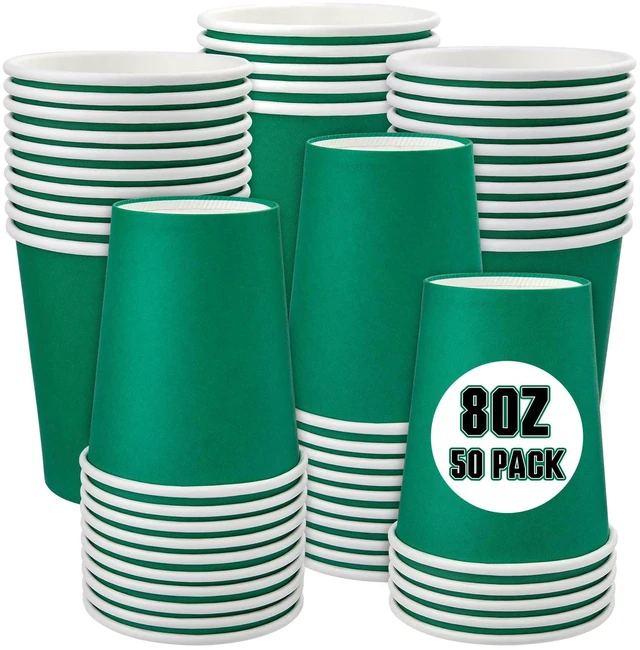 Main image of 50 Pack 8oz Paper Cups Disposable Water Hot/Cold Cups (Green) | Coffee Cups Ideal for Home Party, Picnic, Office, Wedding, Travel, On-the-Go & Daily Use To Drink Cocoa, Juice, Tea, Coffee