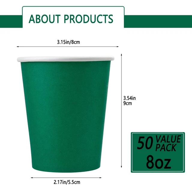 Alt view image 2 of 7 - 50 Pack 8oz Paper Cups Disposable Water Hot/Cold Cups (Green) | Coffee Cups Ideal for Home Party, Picnic, Office, Wedding, Travel, On-the-Go & Daily Use To Drink Cocoa, Juice, Tea, Coffee