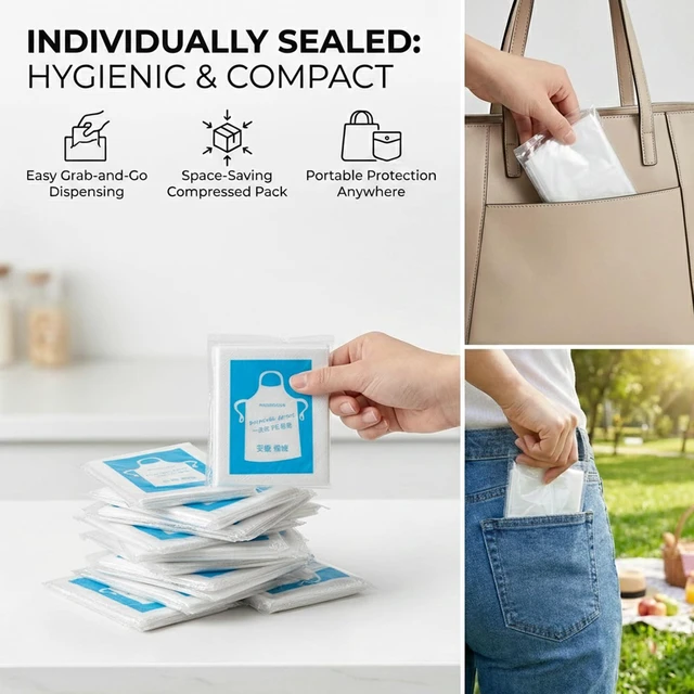 Alt view image 4 of 7 - Disposable Aprons, 50 Count | Waterproof, Plastic, Individually Packaged, For Painting, Cooking, Housework, Picnics
