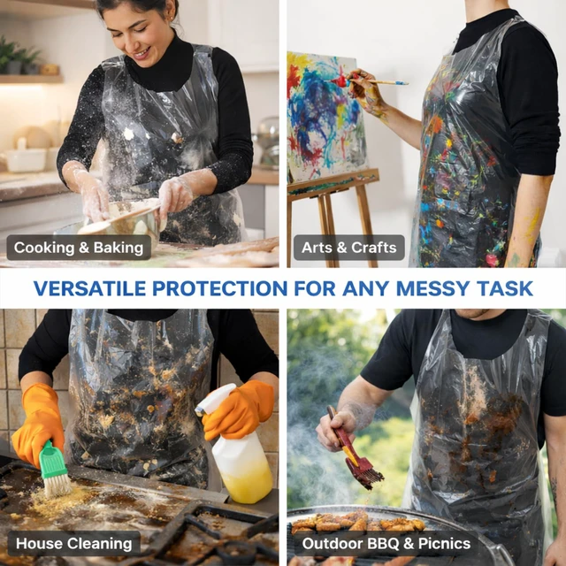 Alt view image 6 of 7 - Disposable Aprons, 50 Count | Waterproof, Plastic, Individually Packaged, For Painting, Cooking, Housework, Picnics