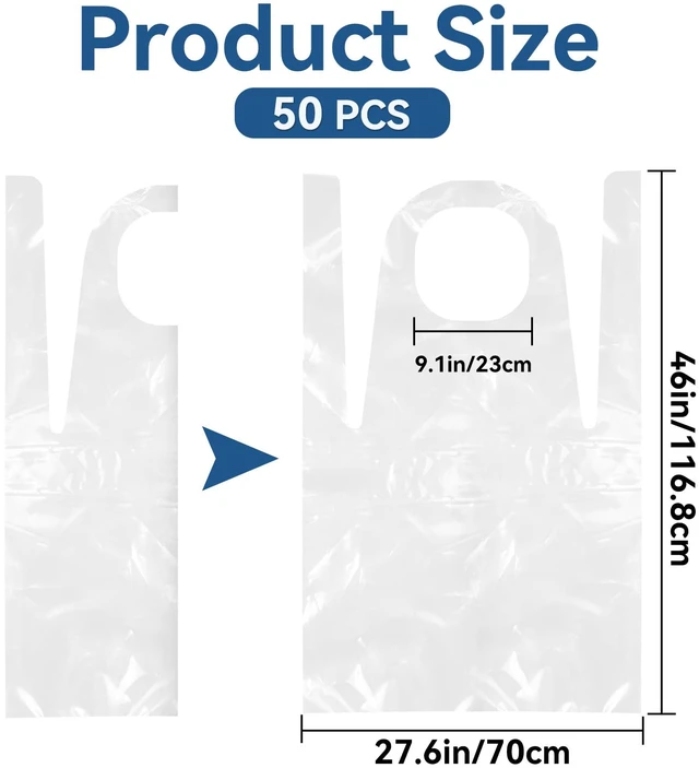 Alt view image 2 of 6 - 50 Pieces Disposable White Plastic Aprons, 46 inches x 28 inches Waterproof Polyethylene Perfect for Cooking Painting Arts n' Crafts and More