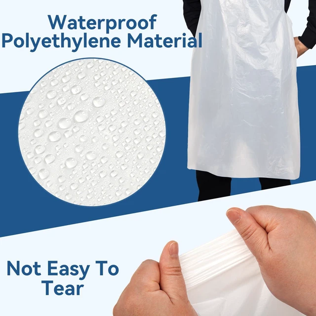 Alt view image 3 of 6 - 50 Pieces Disposable White Plastic Aprons, 46 inches x 28 inches Waterproof Polyethylene Perfect for Cooking Painting Arts n' Crafts and More