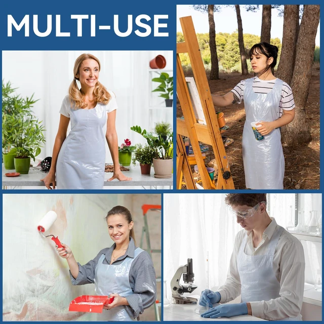Alt view image 5 of 6 - 50 Pieces Disposable White Plastic Aprons, 46 inches x 28 inches Waterproof Polyethylene Perfect for Cooking Painting Arts n' Crafts and More