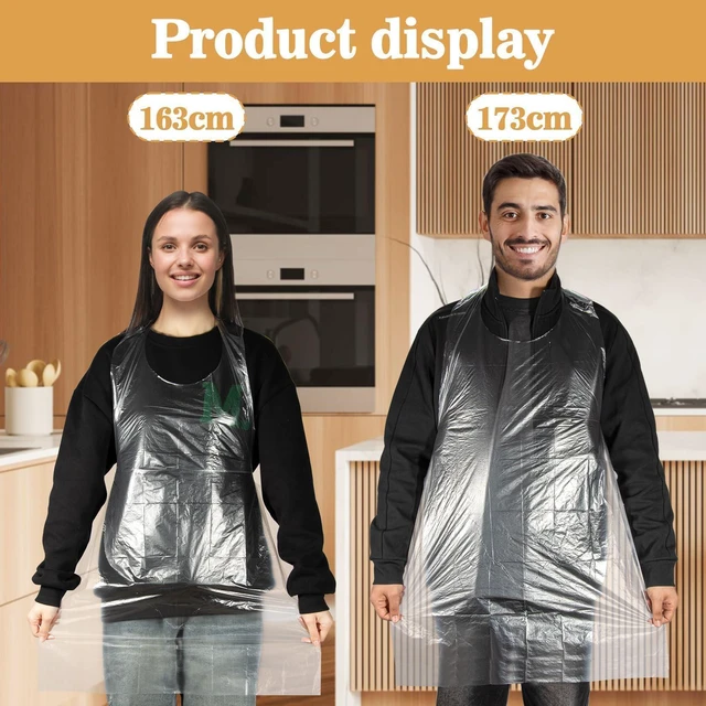 Alt view image 3 of 7 - 50 Plastic Disposable Aprons Adults - 3ft/95cm Waterproof Thick Plastic Aprons Painting Smocks Eating Bibs Elderly Hair Dye Tattoo Grooming Baking Cooking Dishwashing Kitchen Restaurant
