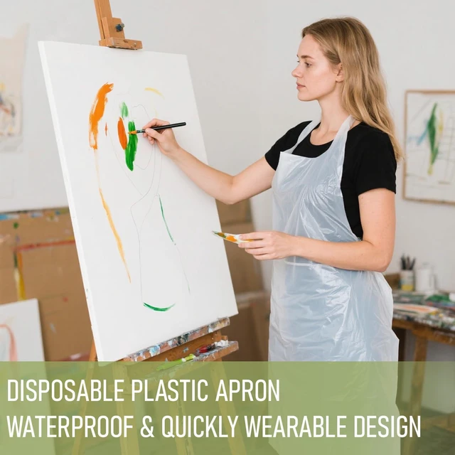 Alt view image 6 of 6 - White Disposable Plastic Apron 100 Pack, 46" x 28" 2 Mil Polyethylene Tear-Resistant Bibs for Cooking, Cleaning, Art & Industrial Use, Extra-Long Ties