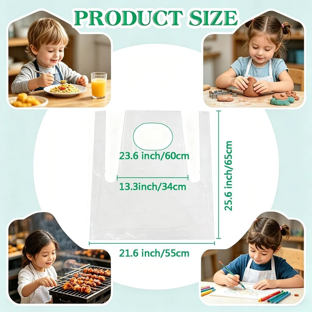 Alt view image 2 of 7 - Disposable Aprons for Kids Painting - 20PCS Clear Plastic Smocks Kids Art Disposable Waterproof Oil Proof Toddler Art Aprons for Craft Cooking Eating Teaching DIY 4-12 Age