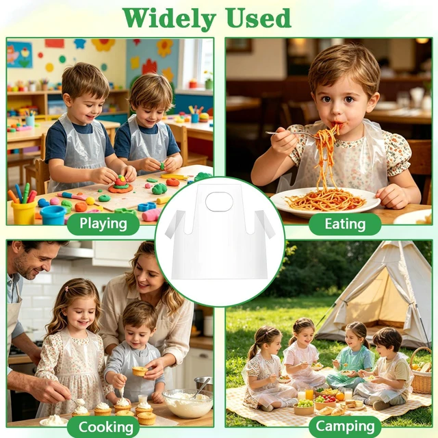 Alt view image 7 of 7 - Disposable Aprons for Kids Painting - 20PCS Clear Plastic Smocks Kids Art Disposable Waterproof Oil Proof Toddler Art Aprons for Craft Cooking Eating Teaching DIY 4-12 Age