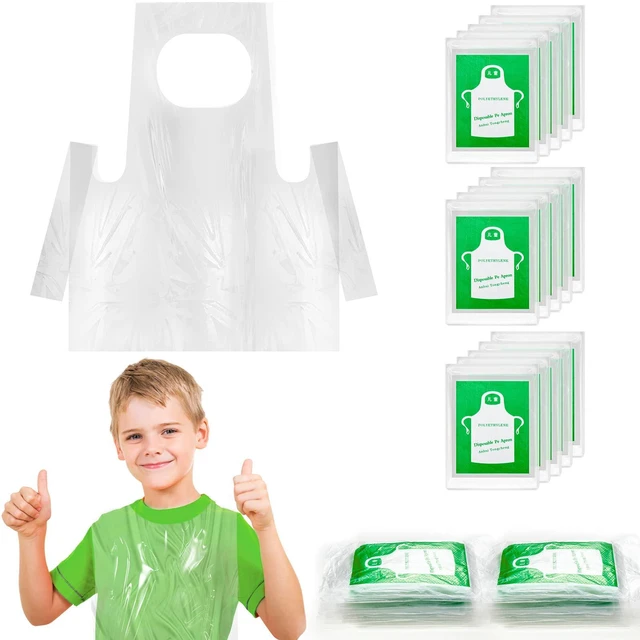 Main image of 100 Pieces Disposable Aprons for Kids Plastic Smocks Clear kids Apron for Toddler Waterproof Oil Proof Art Children Apron for Painting Cooking Eating Teaching Picnic DIY Craft