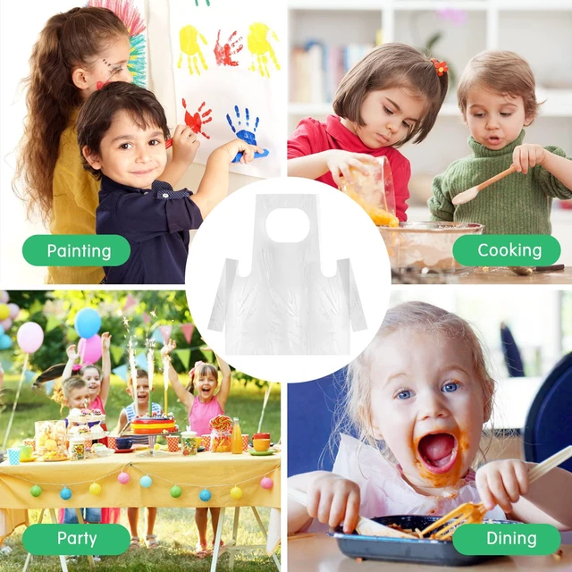 Alt view image 4 of 7 - 100 Pieces Disposable Aprons for Kids Plastic Smocks Clear kids Apron for Toddler Waterproof Oil Proof Art Children Apron for Painting Cooking Eating Teaching Picnic DIY Craft