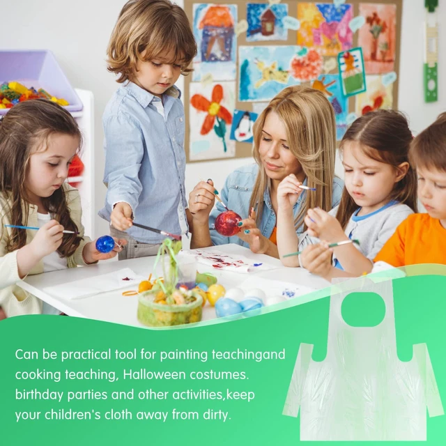 Alt view image 5 of 7 - 100 Pieces Disposable Aprons for Kids Plastic Smocks Clear kids Apron for Toddler Waterproof Oil Proof Art Children Apron for Painting Cooking Eating Teaching Picnic DIY Craft