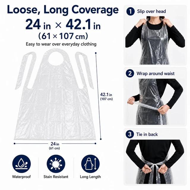 Alt view image 4 of 6 - 100 PCS Disposable PE Aprons, Waterproof Cooking Aprons for Kitchen & Food Service, Individually Wrapped