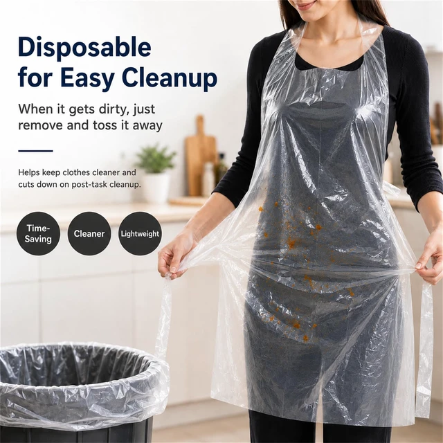 Alt view image 6 of 6 - 100 PCS Disposable PE Aprons, Waterproof Cooking Aprons for Kitchen & Food Service, Individually Wrapped